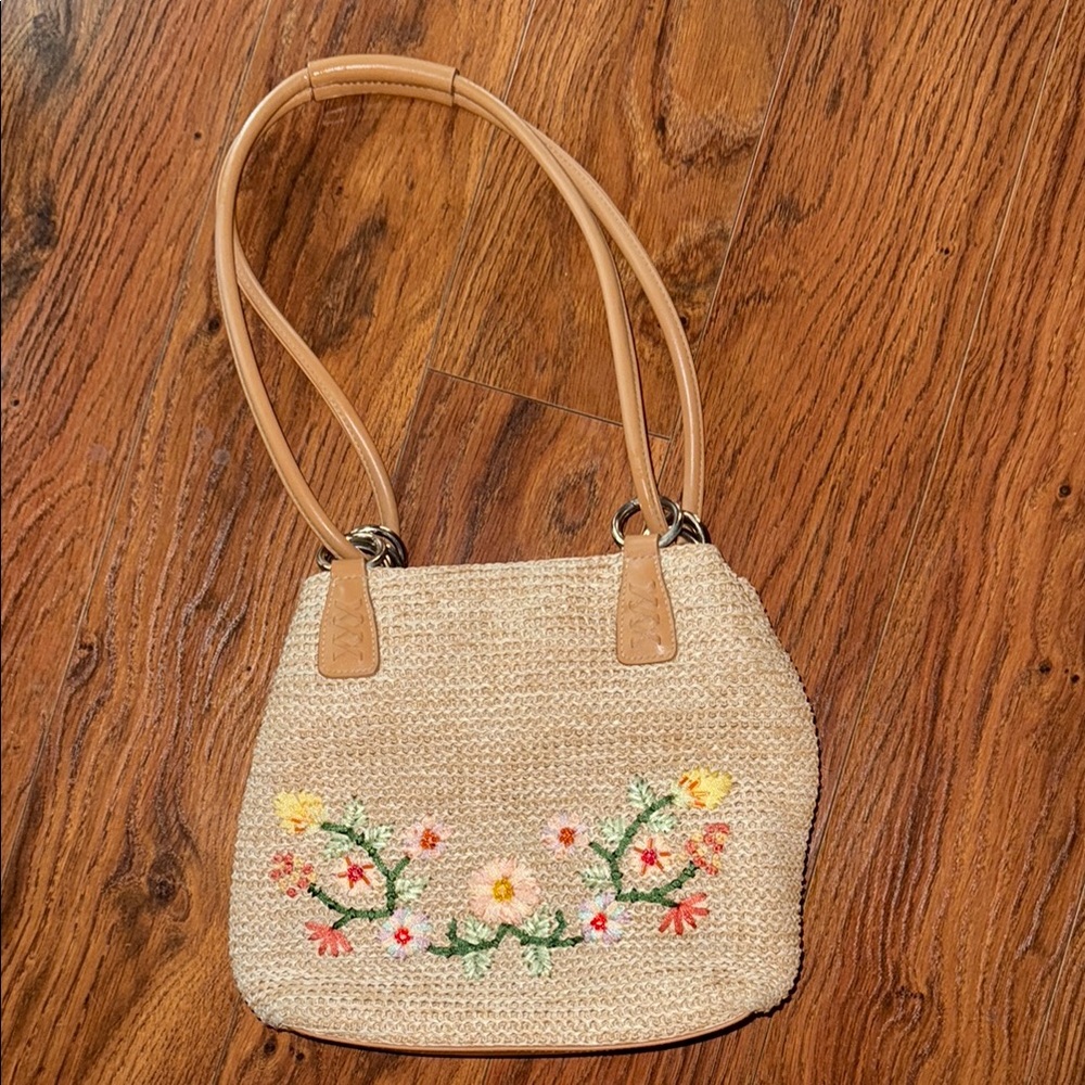 Embroidered Tan Straw Bag